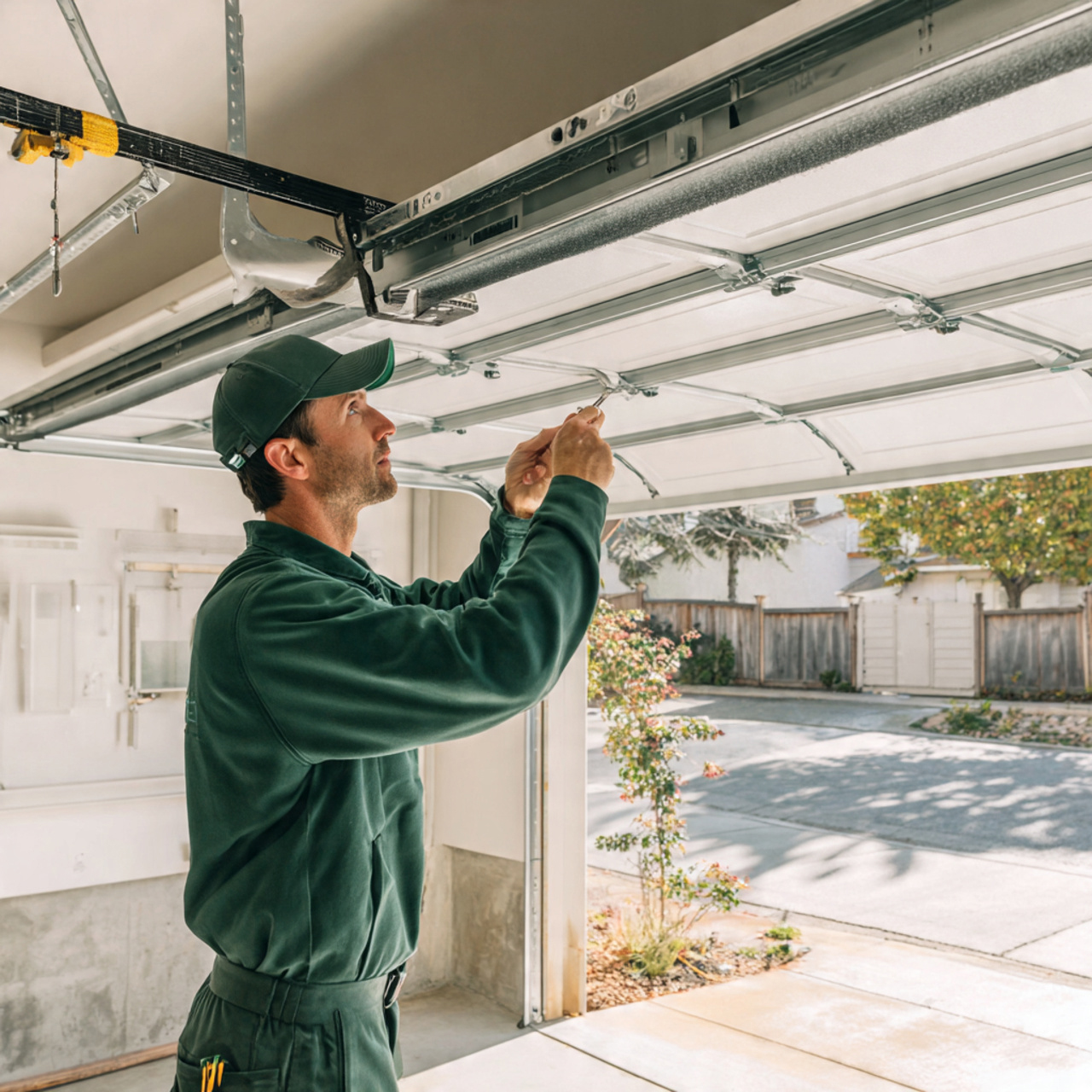 Professional technician repairing garage door torsion spring.