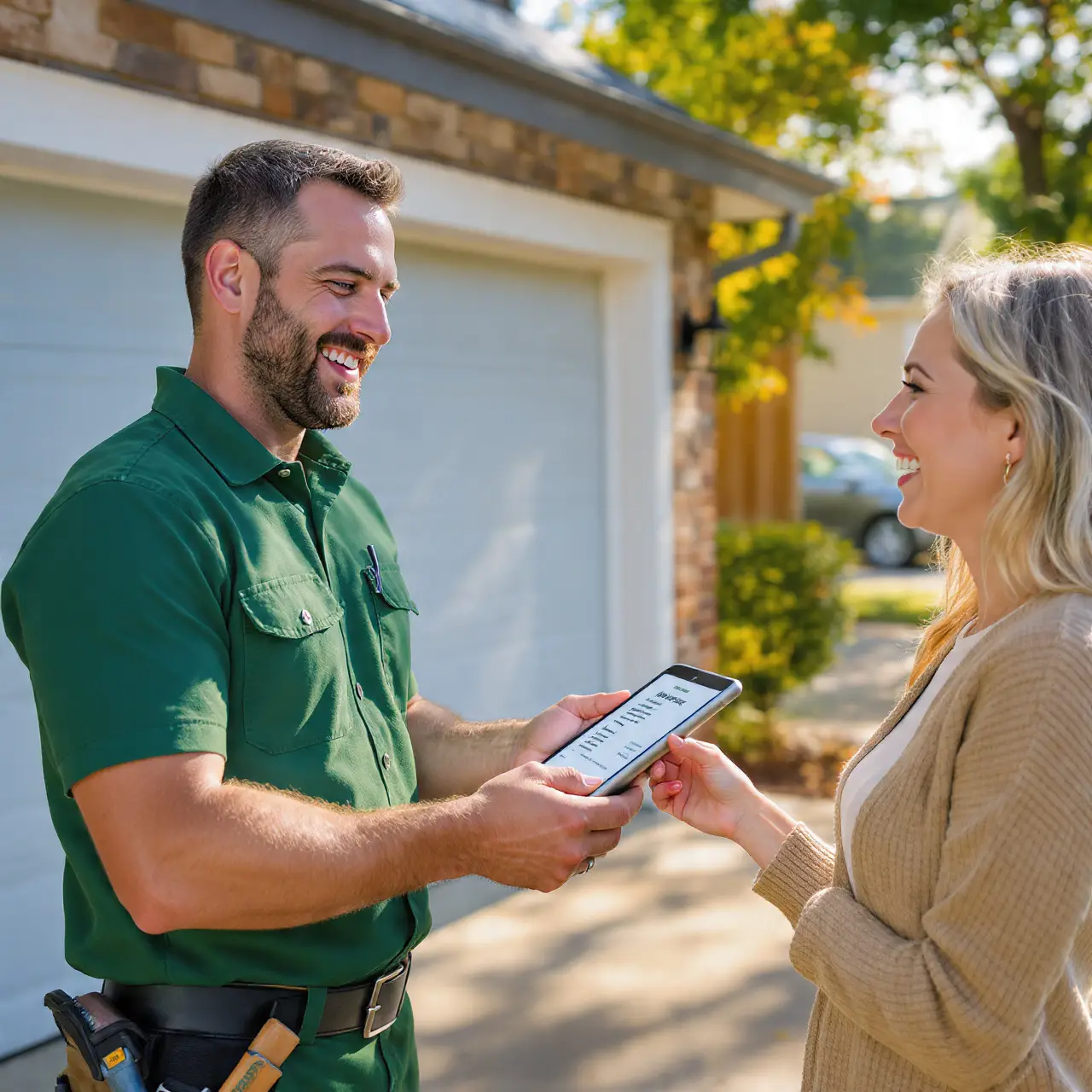 Garage door technician showing digital receipt to happy homeowner.